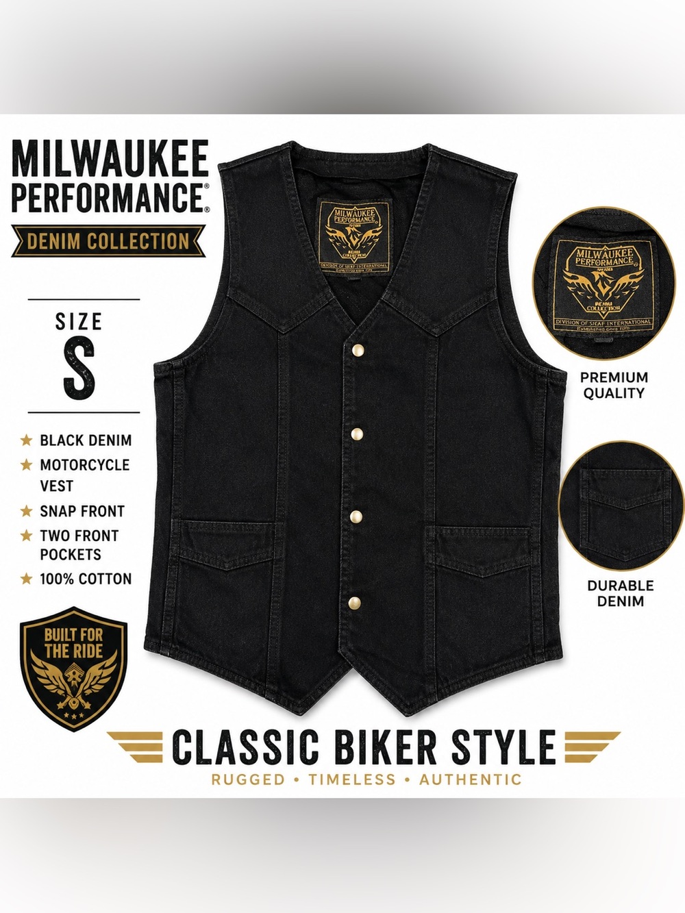 Milwaukee Performance Black Denim Biker Vest Size S Motorcycle Western Moto